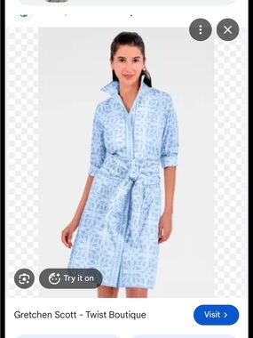 Gretchen Scott Designs Pale Blue Printed Shirt Dress with Tie Waist